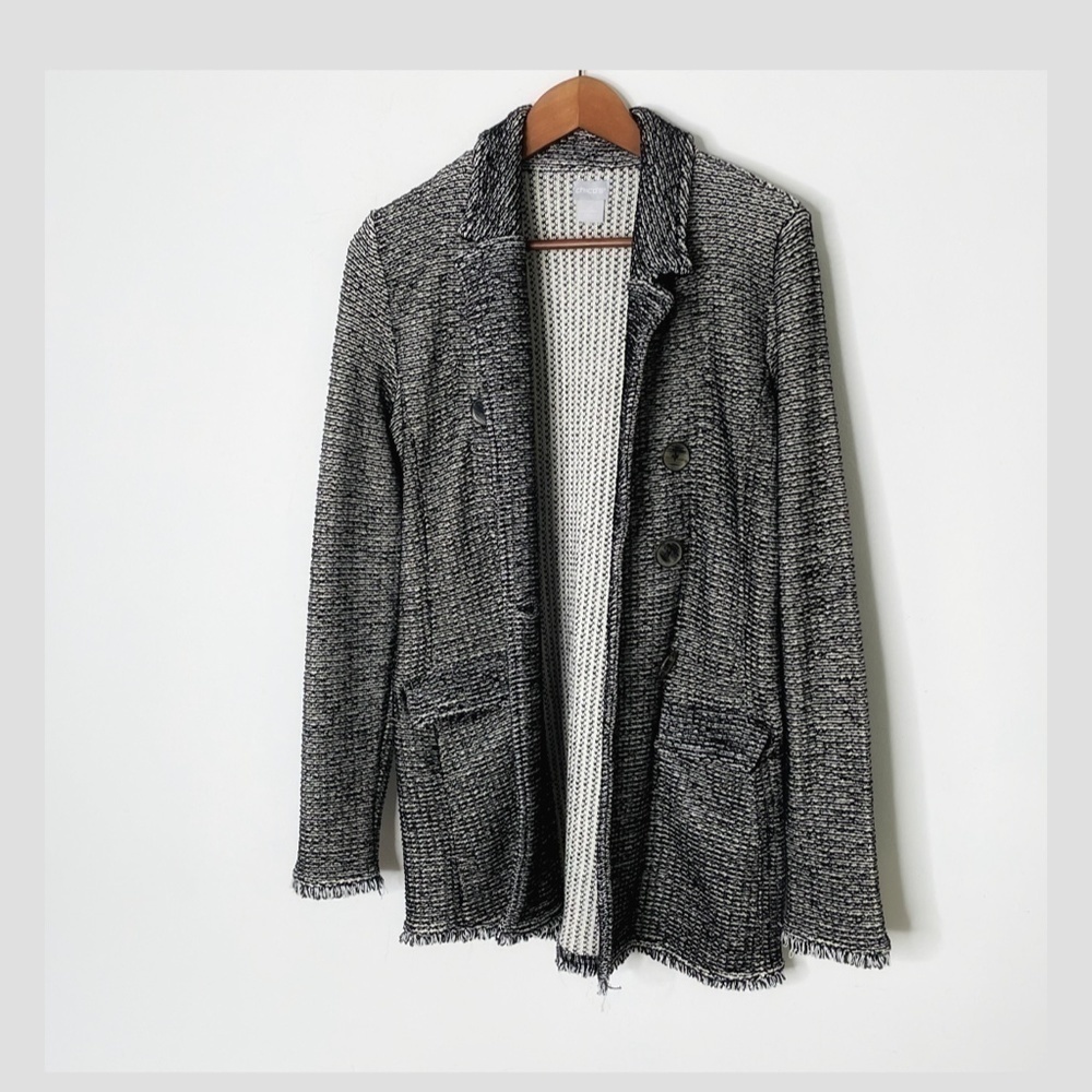 Chicos Blazer Jacket Shacket Long Line Black White Frayed Hem Button Front Sz 0 - Picture 11 of 12